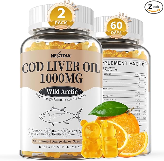 Cod Liver Oil 1000mg Gummies for Adults & Kids, with Vitamin A & D3 - Omega 3 Fish Oil Supplement - DHA 360mg & EPA 240mg for Brain, Bone, Eye & Immune Health, Sugar Free, 120 Count