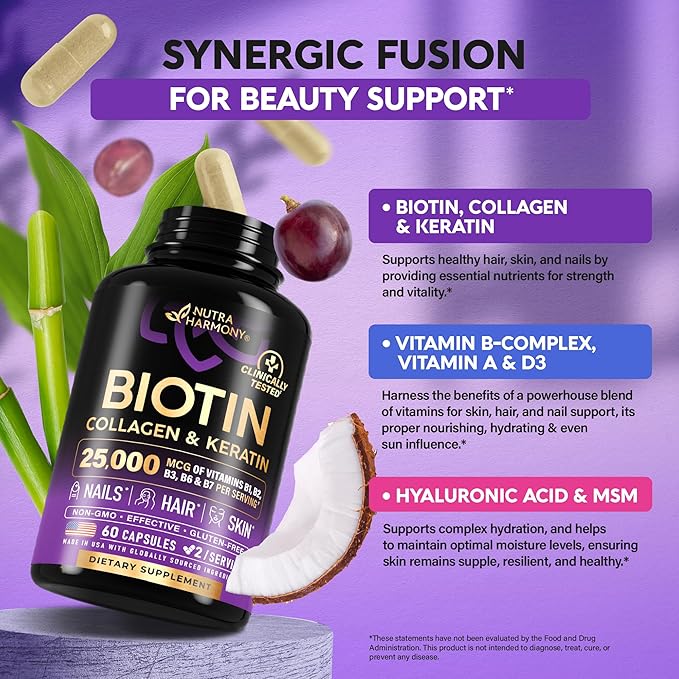 NUTRAHARMONY Biotin | Collagen | Hyaluronic Acid | Keratin - Support Normal Hair Growth Cycle - Skin & Nails - 25000mcg Vitamins B1, B2, B3, B6 & B7 - for Women & Men - Made in USA | 60 Capsules
