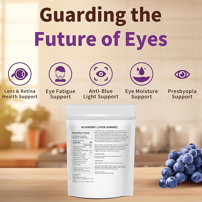 Hudetex Blueberry Lutein Eye Vitamins Gummies with 180 Count - 3 Month Supply, Vegan Eye Health Supplement for Kids and Adult, Lutein Gummies for Vision Clarity and Blue Light Support