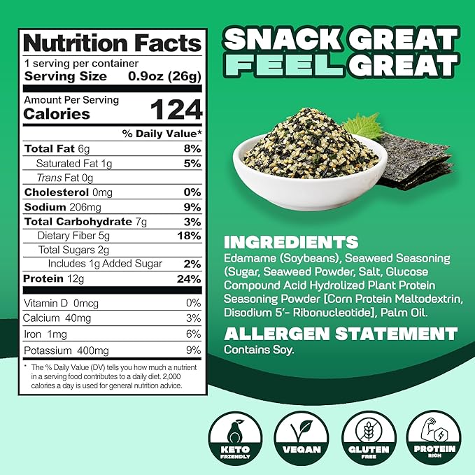 Where You Bean Edamame Beans Snack (Seaweed Furikake) - Crunchy and Dry Roasted Edamame Beans - High Protein Snacks, Keto and Vegan Healthy Snacks for Adults & Low Carb Asian Snack 0.9 oz (Pack of 8)