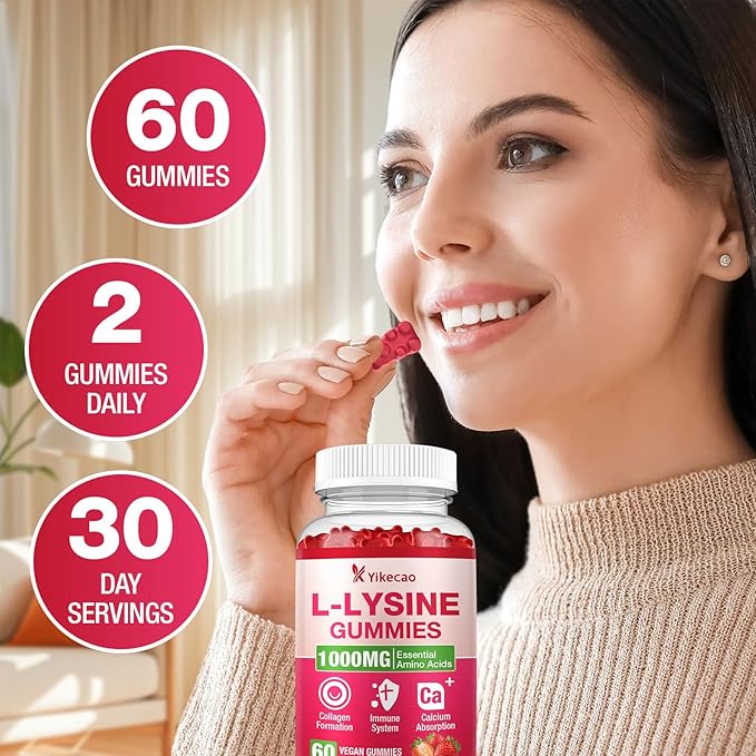 L-Lysine 1000mg Gummies, Chewable Lysine Supplement for Lips & Skin, Immune Support, Essential Amino Acid, Non-GMO, Vegan, Gluten Free, Sugar-Free, Strawberry Flavor, 60 Count