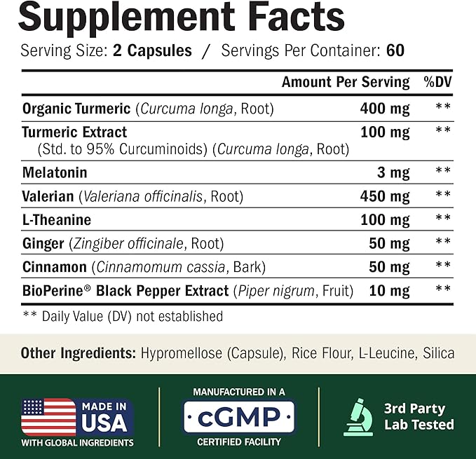 Melatonin 3mg Sleep Aid with L-Theanine & Valerian Root – Turmeric Curcumin Supplement with Ginger & Black Pepper – Organic Turmeric Supplement for Sleep, Calm and Stress Relief Support – 120 Capsules