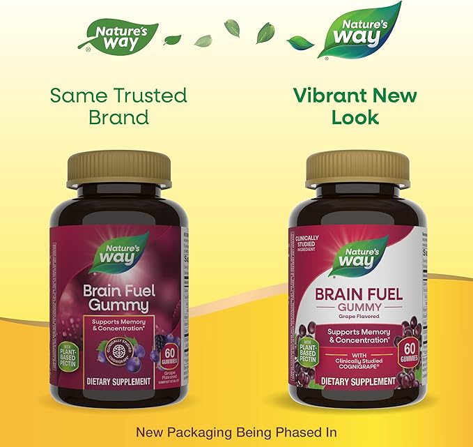 Nature’s Way Brain Fuel, Supports Memory and Concentration*, Brain Function Support Supplement*, Clinically Studied Cognigrape®, Grape Flavored, 60 Gummies