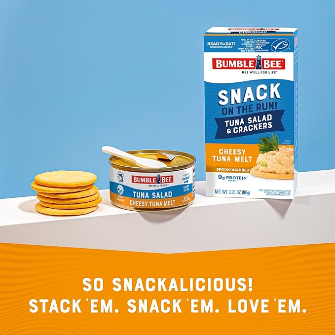 Bumble Bee Snack On The Run! Protein Snack Pack - 9g Protein per Box - Cheesy Melt Tuna Salad with Crackers Kit - Ready to Eat Easy-Open Can - Wild Caught MSC-Certified Tuna (Pack of 12)