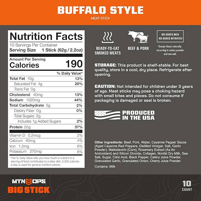 MTN OPS Big Stick High Protein Meat Sticks - 20g Protein, 10% Collagen - Buffalo Style Flavor - Individually Wrapped Beef Snacks - 10 Count Carton