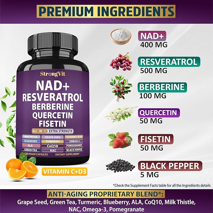 NAD Resveratrol Supplement for Women & Men. Support Cellular Health, Energy + Healthy Aging. Advanced Formula, Plus Third-Party Lab Tested in USA (120 Capsules)