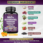 NAD Resveratrol Supplement for Women & Men. Support Cellular Health, Energy + Healthy Aging. Advanced Formula, Plus Third-Party Lab Tested in USA (120 Capsules)