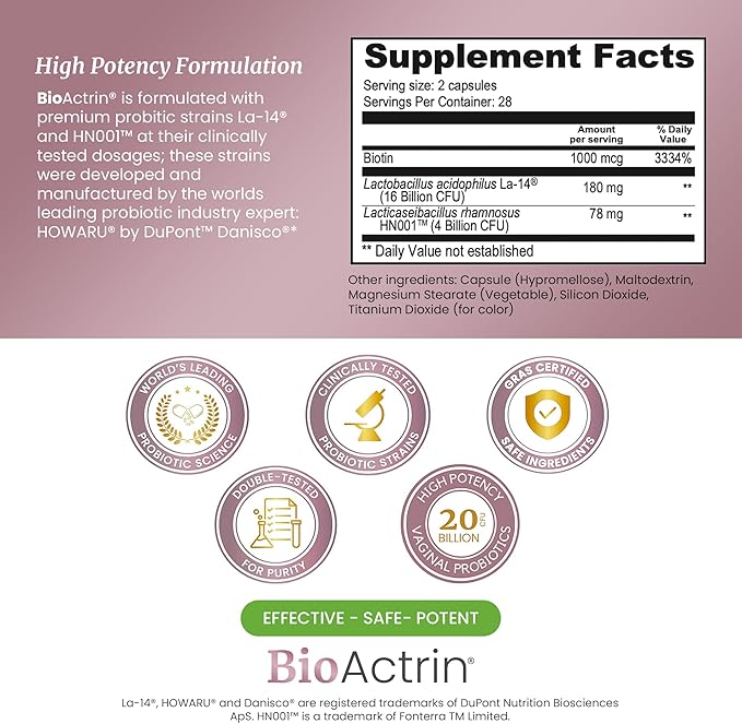 SIGNIFY NATURE Bioactrin Vaginal Probiotics for Women - Bacterial Vaginosis & Yeast Infection Treatment - BV Probiotic - pH Vaginitis Support-56 Pills
