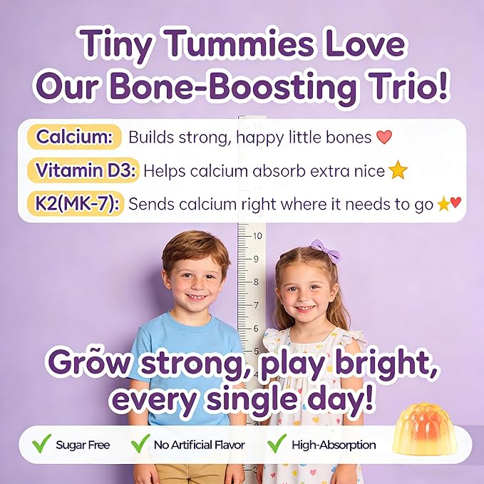 Sugar Free Kids Calcium Gummies (Ages 4-12) - 300mg Calcium Citrate w/Vitamin D3 K2 Magnesium - Algae DHA, Lutein & Zeaxanthin for Strong Bones, Eye & Brain Support - Gelatin Free - 60 Gummies