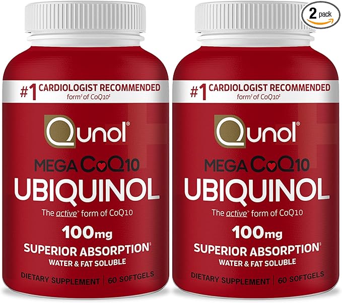 Qunol Mega Ubiquinol Coq10 100mg, Superior Absorption, Patented Water and Fat Soluble Natural Supplement Form of Coenzyme Q10, Antioxidant for Heart Health, 60 Softgels, Pack of 2