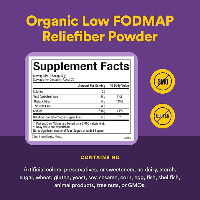 Natural Factors Organic Low FODMAP Reliefiber Powder - Digestive Health Support Supplement with Dietary & Soluble Fiber - Gut Health Support Aids Mild Bloating - Unflavored, 5.3 oz (30 Servings)