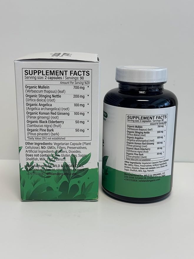 Wild & Organic Lung Cleanse Capsules - Lung Support Supplement with Mullein Leaf, Stinging Nettle, Angelica & Korean Panax Ginseng - Vegan, No Fillers, Non-GMO - 180 Count