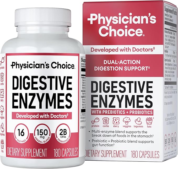 Physician's CHOICE Digestive Enzymes for Bloating & Digestion - 16 Enzymes with Organic Prebiotics & Probiotics for Gut & Digestive Health - Meal Time Discomfort Relief - Dual Action Support - 180 CT