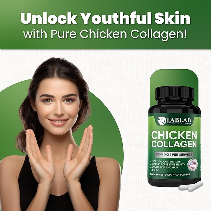 FabLab Chicken Sternum Cartilage Type II Collagen Capsules - Nutritional Supplement for Joints-1000mg per Serving - Non-GMO, Anti-Aging Dietary Product with Hydrolyzed Peptides- 100 Capsules