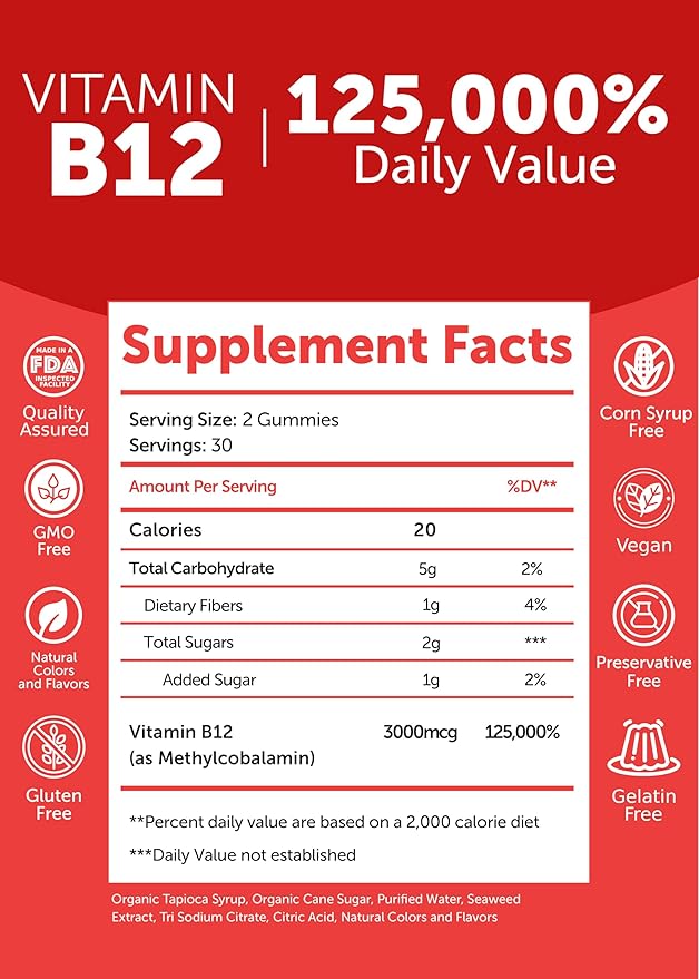 Lunakai Extra Strength 3000mcg Vitamin B12 Gummies - USA Made, Delicious Daily Energy & Metabolism Support - Vegan B12 Methylcobalamin Supplement 60ct, 6 Pack