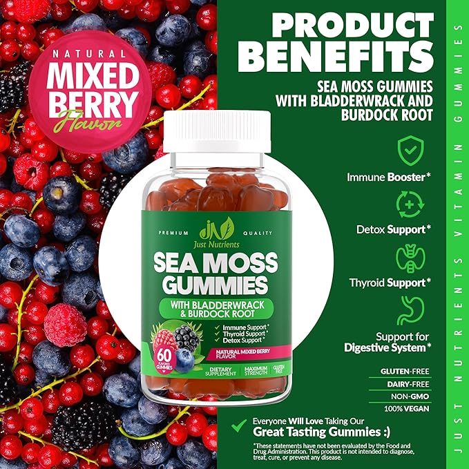 Sea Moss Gummies with Bladderwrack and Burdock Root - Natural Irish Sea Moss Superfood for Immune, Thyroid and Detox Support - Extra Strength for Men & Women - Gluten-Free, Vegan - 60 Gummies