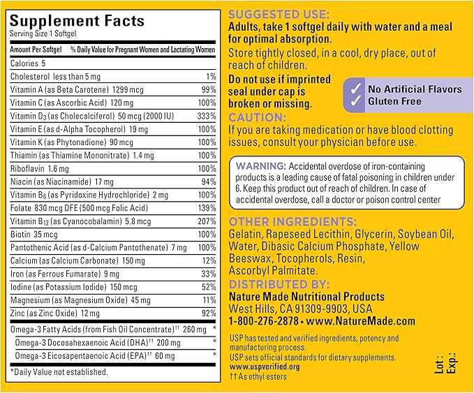 Nature Made Postnatal Multivitamin + DHA 200 mg, Postnatal Vitamins for Women, Includes Iron, Vitamin D3, Calcium, Iodine & More for Breastfeeding Moms, 60 Softgels
