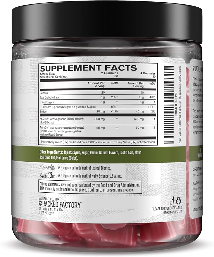 Jacked Factory Ashwagandha Gummies - KSM 66 Ashwagandha Gummies (600mg Per Serving) - Enhance Cognitive Function, Boost Mood, and Promote Hormonal Balance - 120 Gummies, Cherry Splash