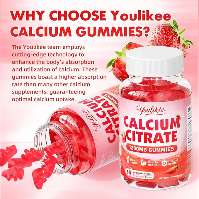 Calcium Citrate Gummies 1200 mg, Calcium Supplement for Women & Men, Ultimate Absorption Calcium Gummies for Bone, Muscle & Immune Support, Strawberry Flavor, 60 Count