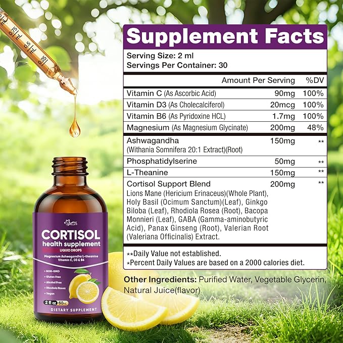 Cortisol Supplement for Women & Men - Magnesium Glycinate, Ashwagandha, L-Theanine, Phosphatidylserine - Supports Calm, Focus, Sleep & Relaxation - 2 FL OZ