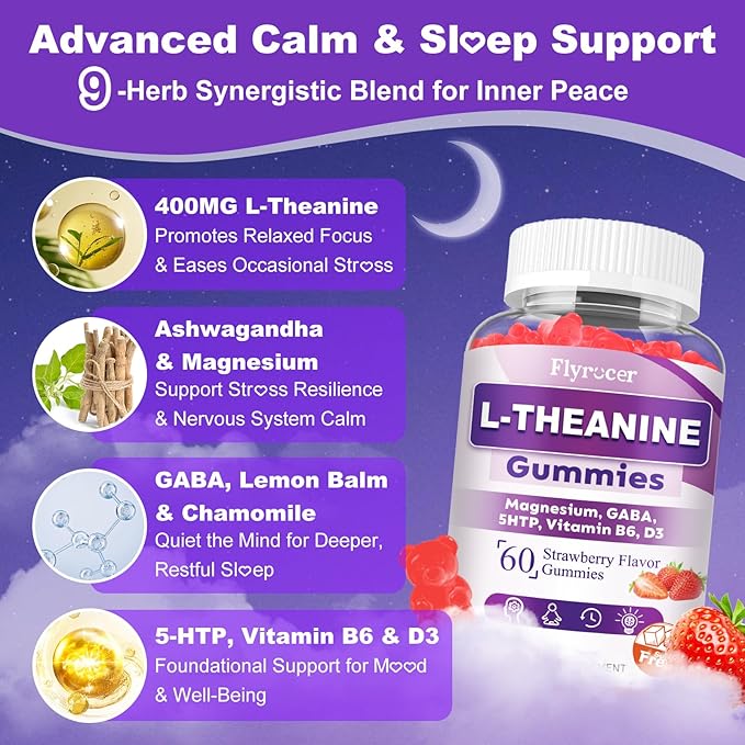 2 Pack L-Theanine Gummies, L Theanine Supplement for Adults & Kids, L'Theanine with Ashwagandha, Magnesium, 5HTP & GABA - Support Calm, Relax, zzZ, Focus, Vegan Strawberry Flavor, 120 Count