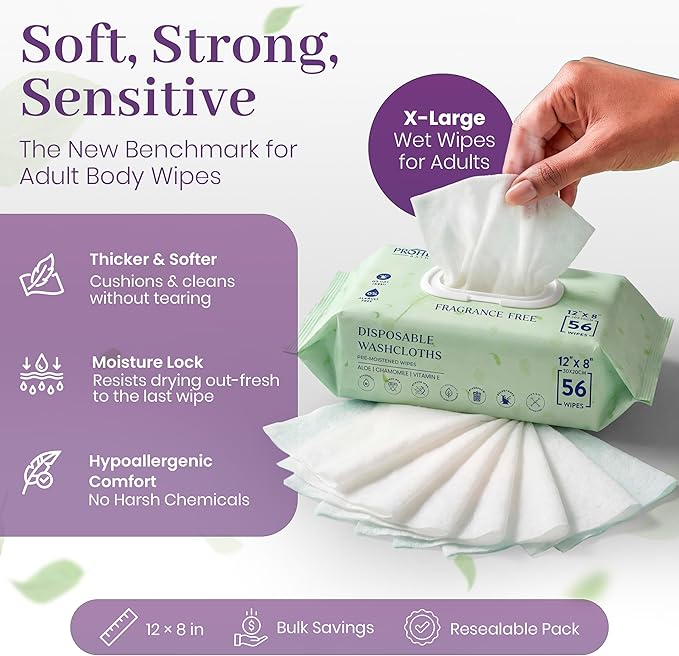 X Large Wet Wipes for Adults - Case of 10 Packs of 56 [560 Count] Disposable Incontinence Wipes, 12" x 8" Body Wipes for Elderly – Bonus 50 Individually Wrapped Travel Wet Wipes