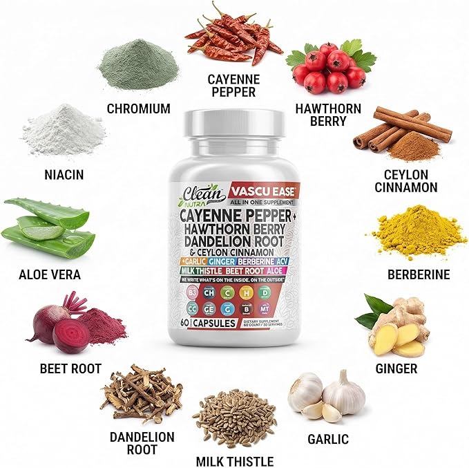 Clean Nutra Cayenne Pepper Capsules Supplement with Hawthorn Berry, Dandelion Root, Ceylon Cinnamon, Garlic, Ginger, Berberine, Apple Cider Vinegar, Milk Thistle, Beet Root, Aloe Vera Pills & More