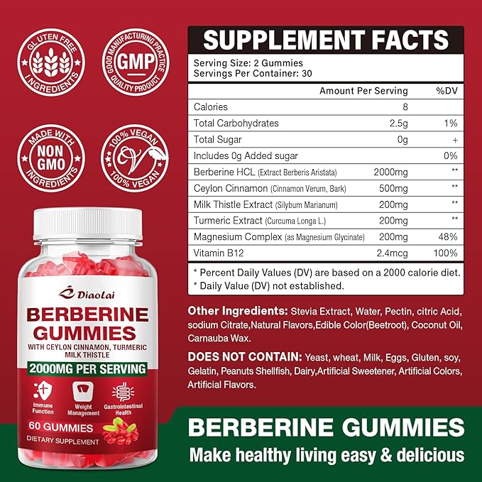 Berberine Gummies 2000mg - Natural Organic Berberine HCL Supplement - Vegan, Non-GMO, Gluten-Free - Delicious Raspberry Flavor - 60 Count