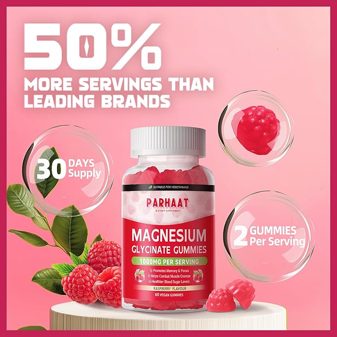 Magnesium Glycinate Gummies - Sugar Free Magnesium Potassium Supplement with Vitamin D, B6, CoQ10 for Calm Mood & Sleep Support - 60 Raspberry Chews