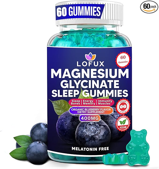 Lofux Magnesium Glycinate Gummies 400mg, Sugar Free Magnesium Gummies for Adults Women, Men, Chewable Supplement Gummy with L-Threonate, Vitamin D, B6, CoQ10 - for Calm, Sleep, Body Relaxation, 60 Ct