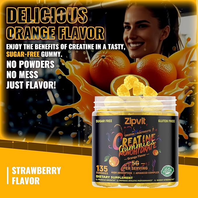zipvit Creatine Monohydrate Gummies (5g) – Pre-Workout Energy & Muscle Growth Support for Men & Women | Orange Electrolyte Gummies (135 Count)