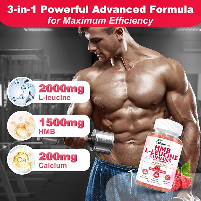HMB and Leucine Gummies, HMB & Leucine Amino Acid for Muscle Growth, Muscle Relief, HMB Supplements for Men & Women, Vegan, Non-GMO, Raspberry Flavor, 60 Count