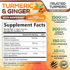 Turmeric Curcumin Supplement - 95% Curcuminoids with Organic Turmeric & Ginger, BioPerine Black Pepper Extract for Best Absorption, Natural Vegan Joint Support, Non-GMO, Bottled in USA - 240 Capsules
