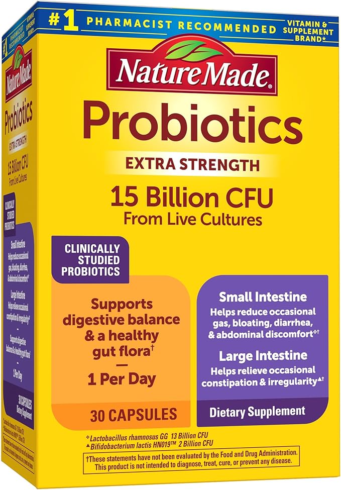 Nature Made Probiotics for Digestive Health Extra Strength 15 Billion CFU from Live Cultures, Probiotics for Women and Men, 30 Probiotic Capsules, 30 Day Supply