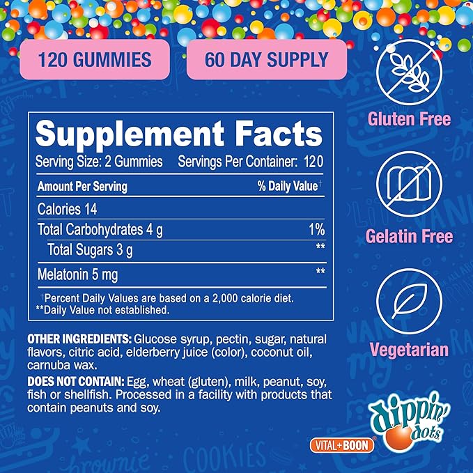 Dippin Dots - Melatonin Gummies for Kids & Adults (60 Days Supply) Strawberry Sunset Creme Flavor | 2.5mg Per Kids Melatonin Supplement for Faster, Longer Sleep | Gummies for Children (120 Count)