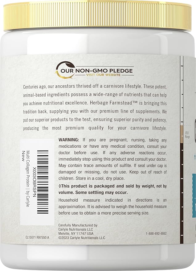 Carlyle Multi Collagen Protein Powder | Type I, II, III, V & X | 9 Oz | Peptides Premium Blend | Unflavored | for Women and Men | Non-GMO and Gluten Free | 25 Servings | by Herbage Farmstead