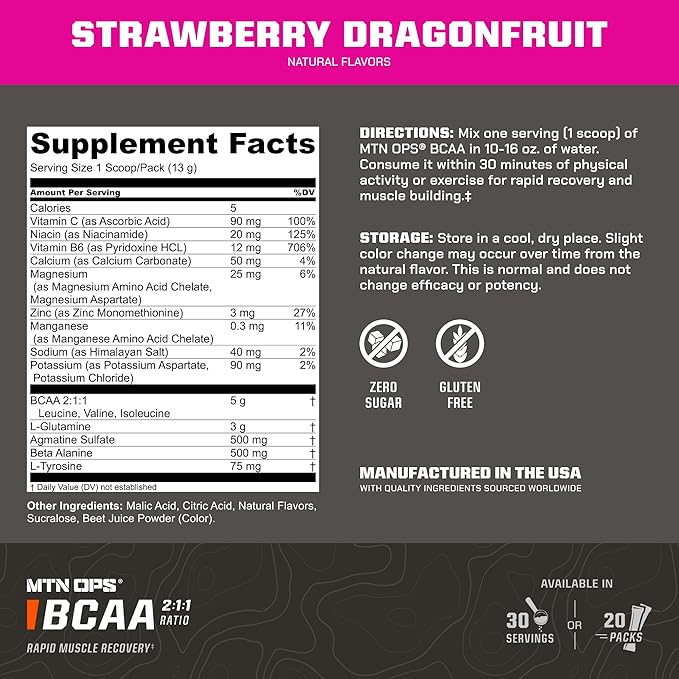 MTN OPS BCAA Powder 2:1:1 Amino Acids Supplement Powder for Rapid Muscle Recovery & Repair with Zero Sugar & Gluten Free - 20 Servings, Strawberry Dragonfruit Trail Packs