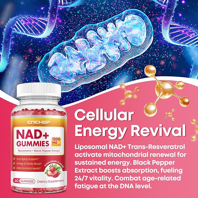 NAD+ Gummies, 1200mg Liposomal NAD Supplement for Women & Men with Trans-Resveratrol & Black Pepper Extract Anti-Aging Supplement, Brain & Cellular Mitochondrial Health - 60 Gummies Strawberry