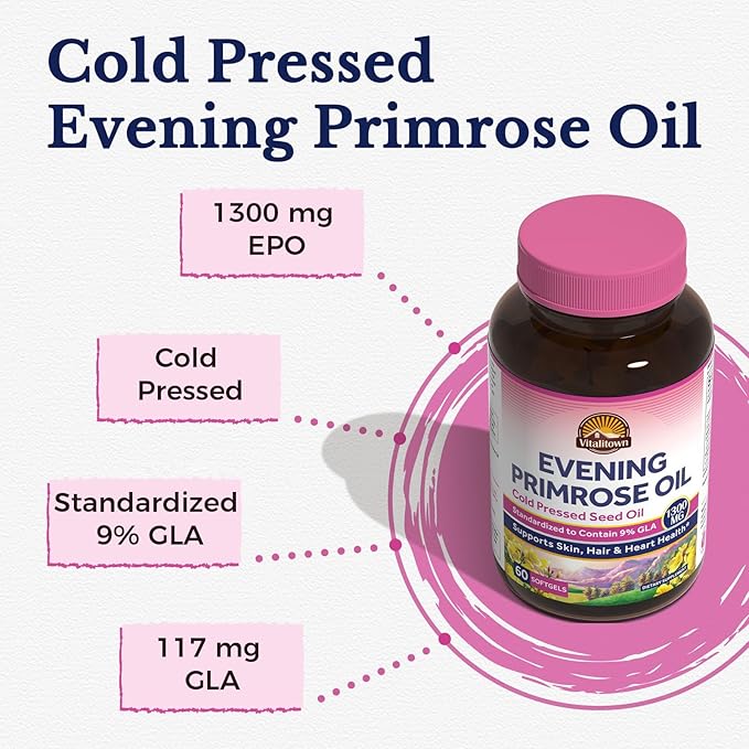 Vitalitown Evening Primrose Oil 1300mg, Cold-Pressed Seed Oil, Standardized 9% GLA (Gamma-Linolenic Acid), Healthy Skin & Hormonal Balance for Women, Non GMO, 60 Softgels