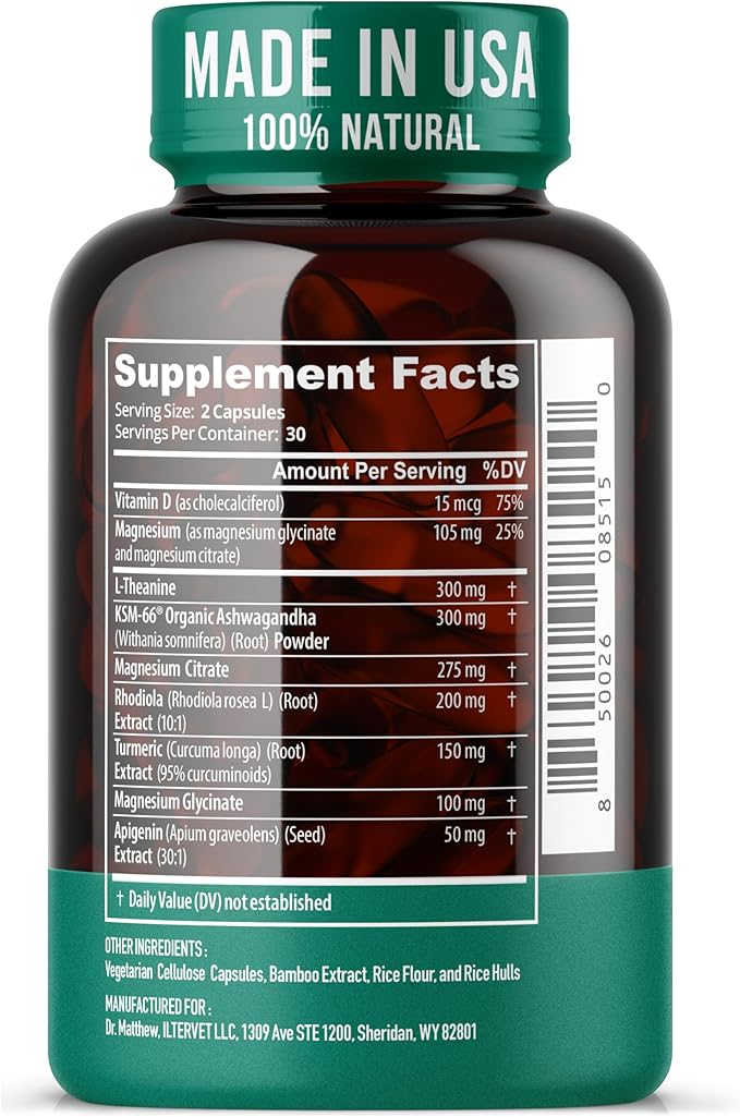 Cortisol Reducer & Adrenal Support Supplement–Natural Stress Relief with Ashwagandha KSM-66, Magnesium Glycinate & Citrate, L-Theanine, Rhodiola, Apigenin, Turmeric & Vitamin D3–Calm Mood & Relaxation