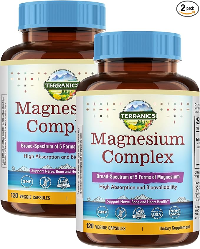 Terranics 5-in-1 Magnesium Complex Supplement 500mg - 5 Forms High Absorption Magnesium Glycinate Citrate Malate Aspartate Gluconate for Sleep Heart Health - Non-GMO 240 Vegan Capsules