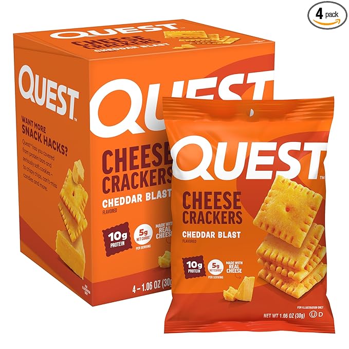 Quest Nutrition Cheese Crackers, Cheddar Blast, 10g Protein, 5g Net Carbs, 1g Sugar, Made with Real Cheese, High Protein Snack, 4 Count