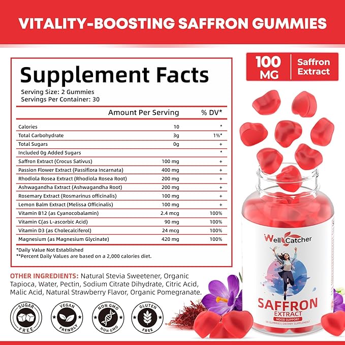 Saffron Gummies for Adults Kids - Organic Saffron Extract Supplement for Men Women Sugar Free for Mood Balance Support Better Sleep Metabolism with Vitamins Non GMO Strawberry Flavored 30 Days Supply
