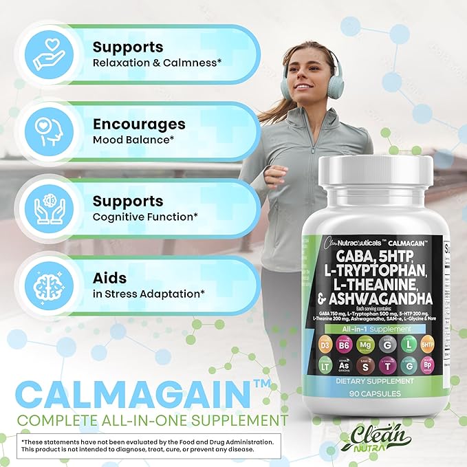 Clean Nutraceuticals GABA 750mg 5 HTP 200mg L Tryptophan 500mg L Theanine 200mg Ashwagandha SAM-e L-Glycine - Mood Support Vitamins for Women and Men with L-Tyrosine (90 Count (Pack of 2))
