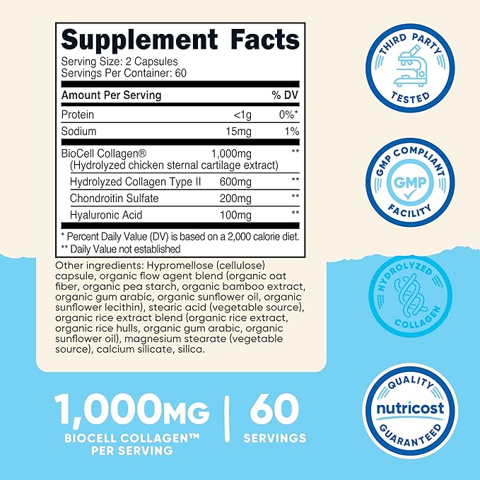Nutricost BioCell Collagen (1,000mg) 120 Capsules - Hydrolyzed Type II Collagen Supplement, GMO-Free, Gluten-Free, 60 Servings
