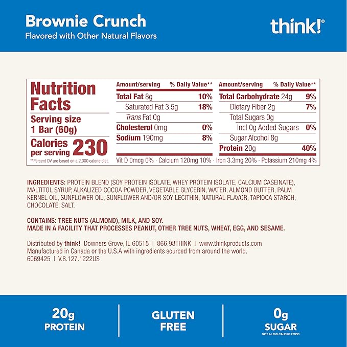 think! Protein Bars, High Protein Snacks, Gluten Free, Kosher Friendly, Brownie Crunch, Nutrition Bars, 2.1 Oz per Bar, 30 Count (Packaging May Vary)