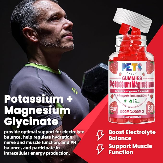 Potassium Magnesium Gummies - High Absorption Magnesium Glycinate & Potassium Citrate Plus Omega 3, B6, D3, K2 & Calcium - Chewable Gummy for Leg Cramps, Immunity & Energy Strawberry 60 Gummies