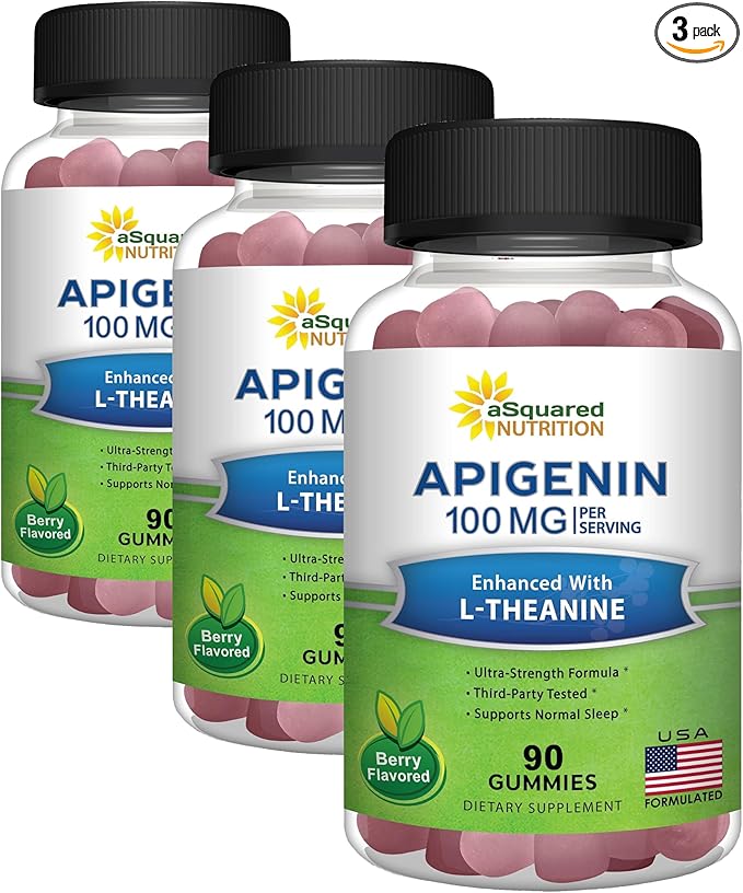 aSquared Nutrition Apigenin 100mg with L-Theanine 100mg Gummies - Apigenin Supplement for Sleep - Natural Extract Gummy Alternative to Capsules, Pills, Powder & Tea - 2 Per Serving (Pack of 3)