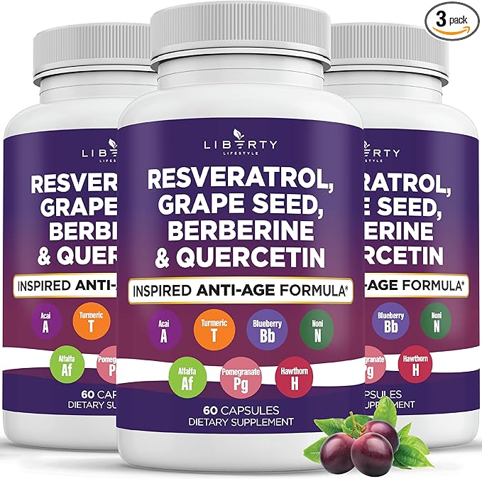 Liberty Lifestyle Resveratrol, Berberine, Grape Seed Extract, Quercetin, Polyphenol Supplement for Women and Men with Noni Extract, N-Acetyl Cysteine, Acai Extract (180 Count)