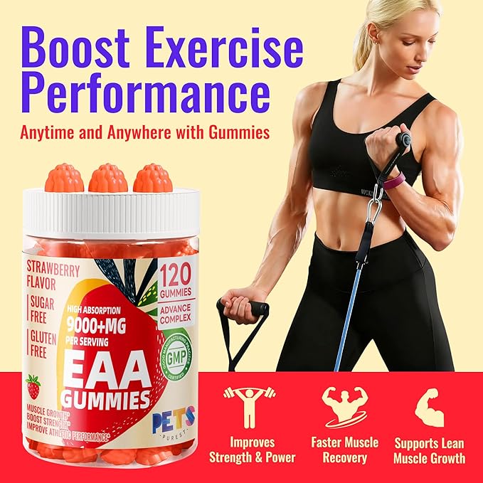 Pets Purest EAA Gummies 120 Gummies (Strawberry), Essential Amino Acids - All 9 Essential Aminos (EAA) and All Branched-Chain Aminos (BCAAs), Non-GMO, Gluten Free, Vegetarian Friendly